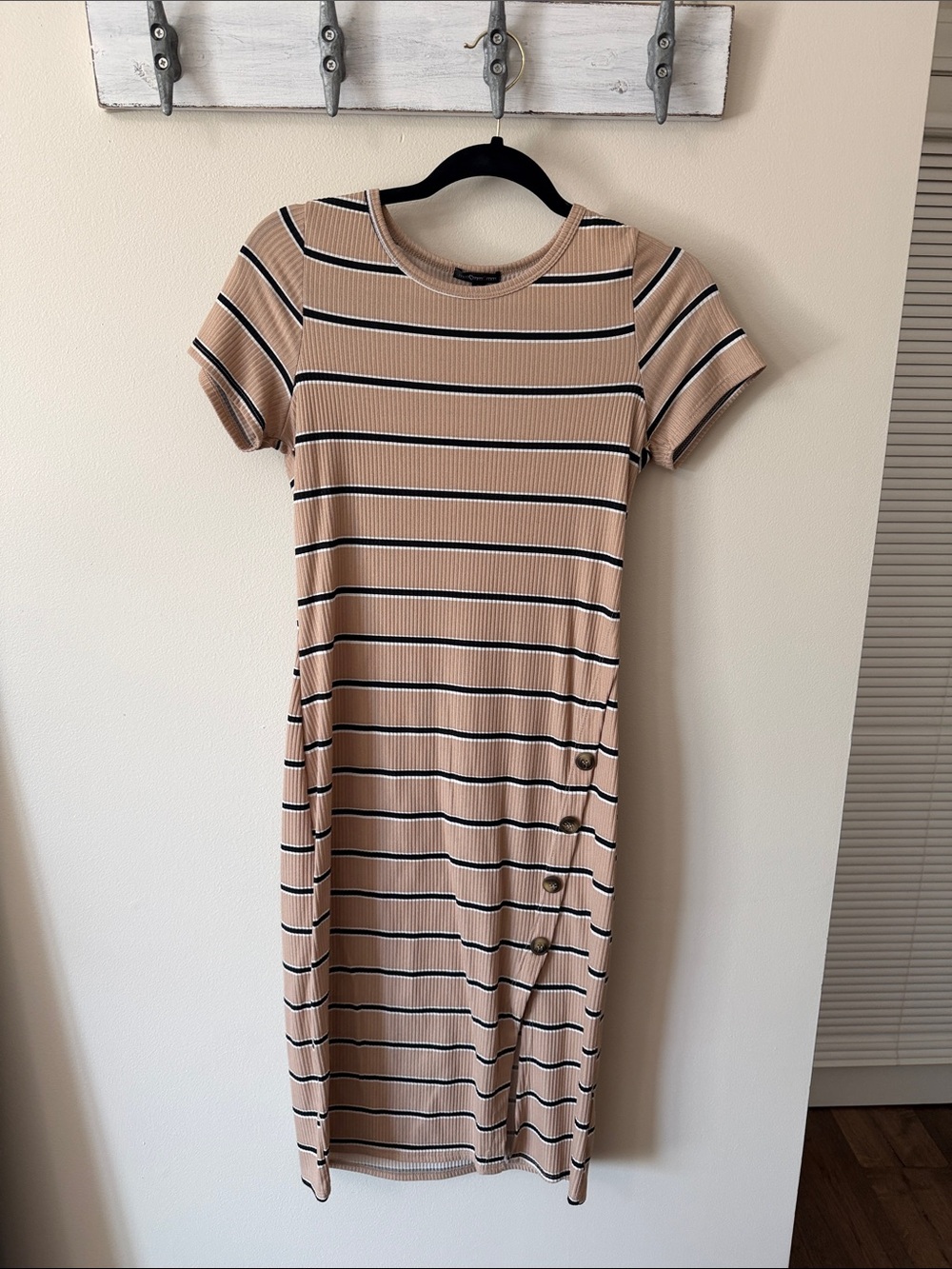 Striped Beige Ribbed Midi Dress with Side Buttons